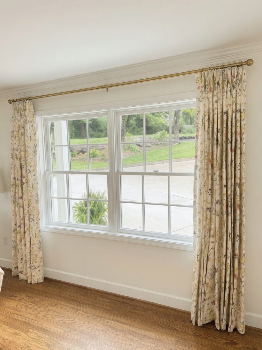 Custom floral pinch-pleat drapery on brass rod